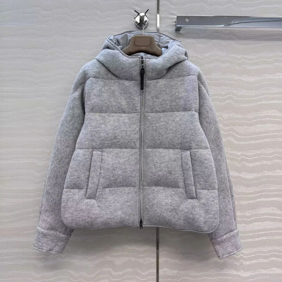 

Old Money Style Winter Thick White Goose Down Coat Women Hooded Long Sleeve Loose Bread Style Gray Wool Knitted Warm Jacket