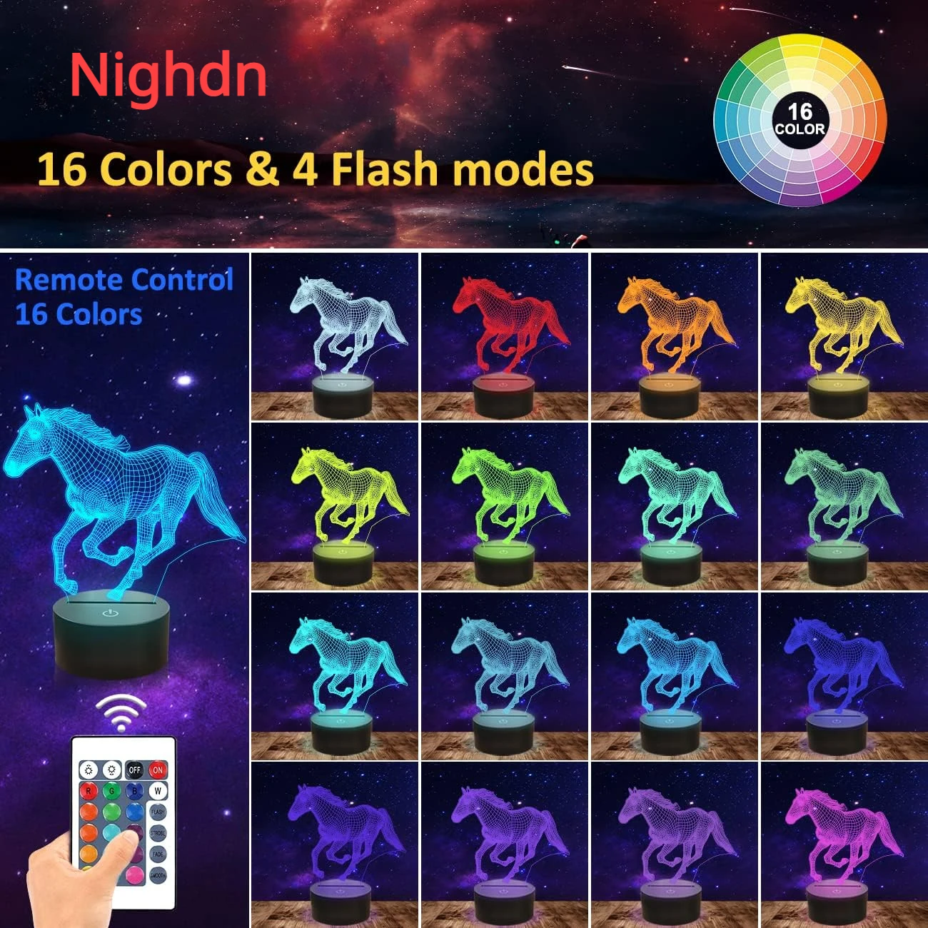 Nighdn 3D Night Light Horse LED Lamp Home Room Decor 7 Colors Changing Nightlight Birthday Christmas Gift for Kids Children