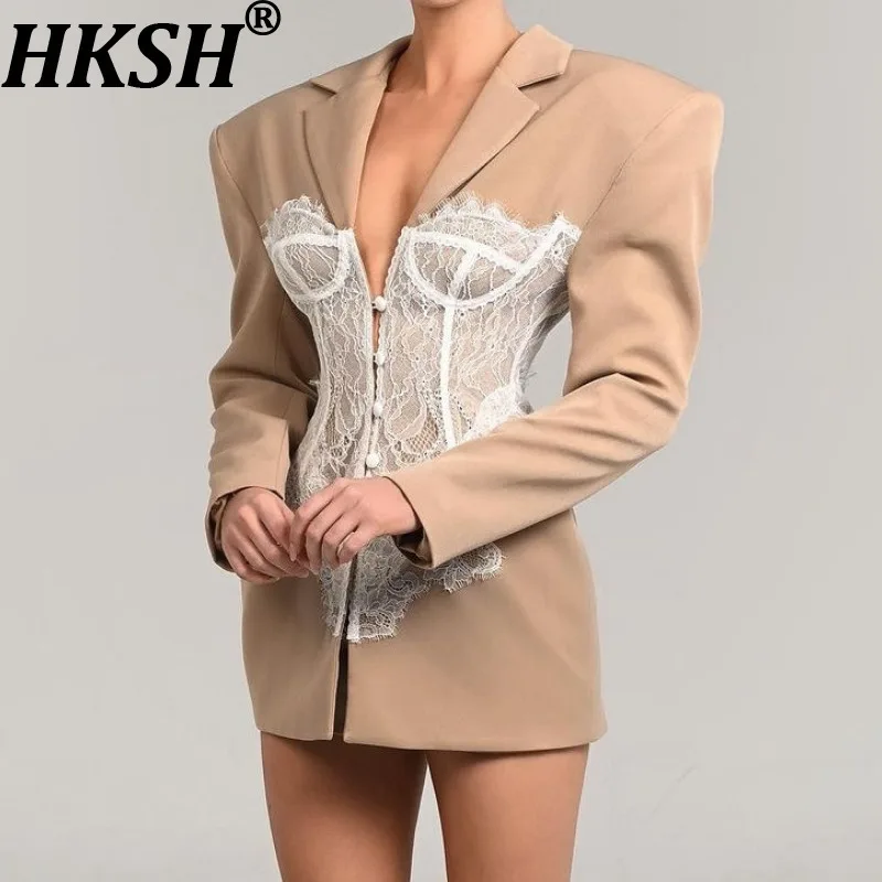 

HKSH Autumn New Women Blazer Lace Patchwork Contrast Color Single Breasted Waist Cinching Slim Fit Fashion Sexy Ins Coat HK11014