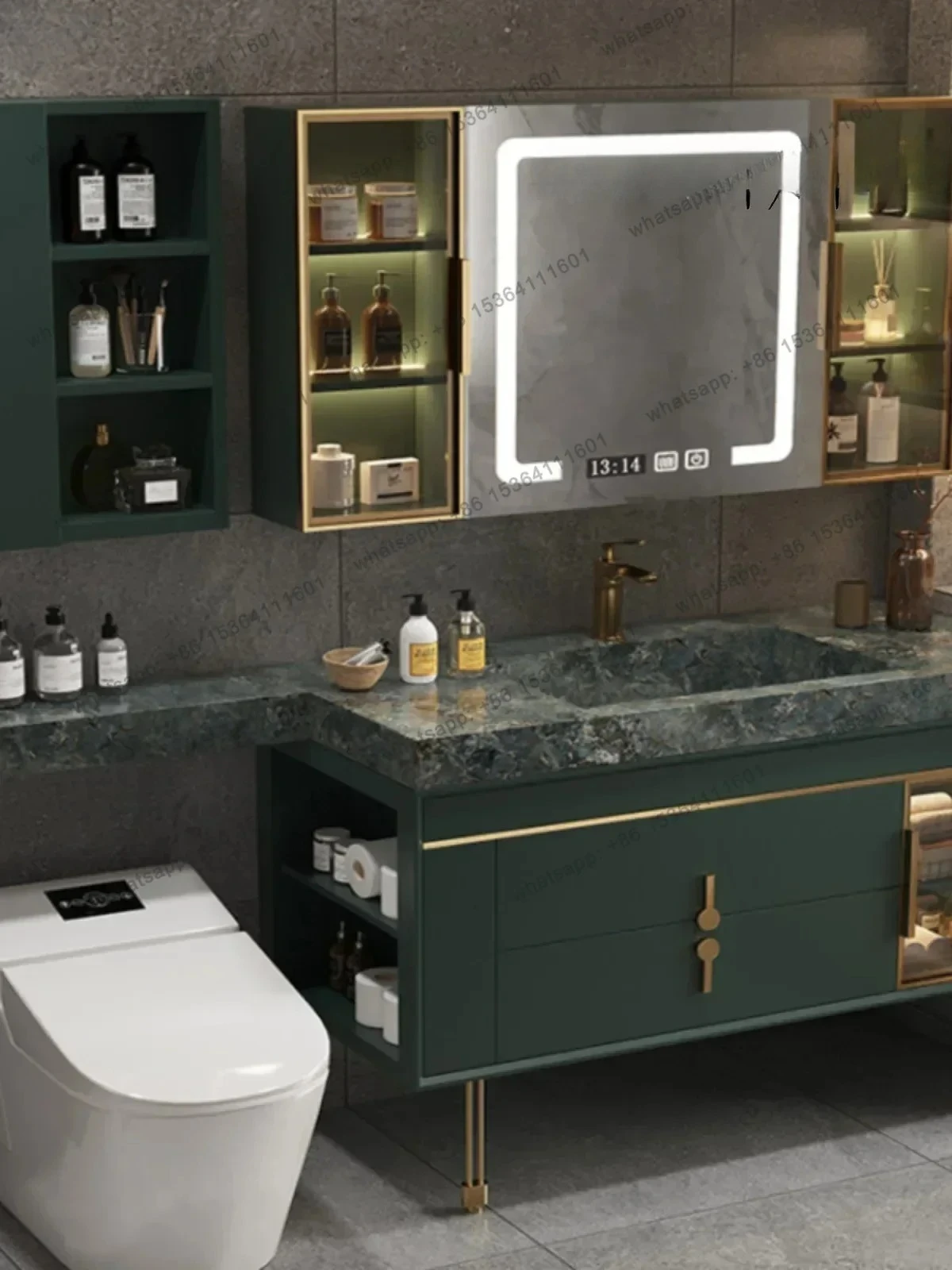 Slate bathroom cabinet combination light luxury bathroom washbasin simple oak smart mirror cabinet dark green