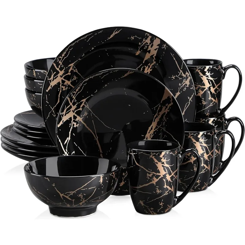 

Black Plates and Bowls Sets for 4, Porcelain Dinnerware Sets 16 Piece Gold Splash Glaze Ceramic Dish Set, Round Dinner Set