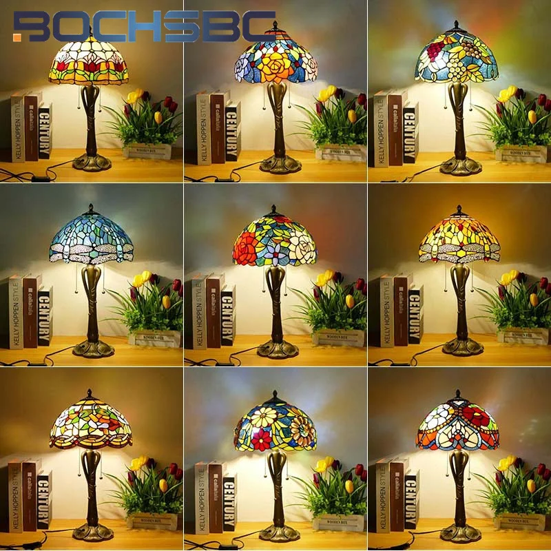 

BOCHSBC Tiffany style stained glass retro desk lamp table lamp for living room study bedroom bedside lamp cafe LED decor