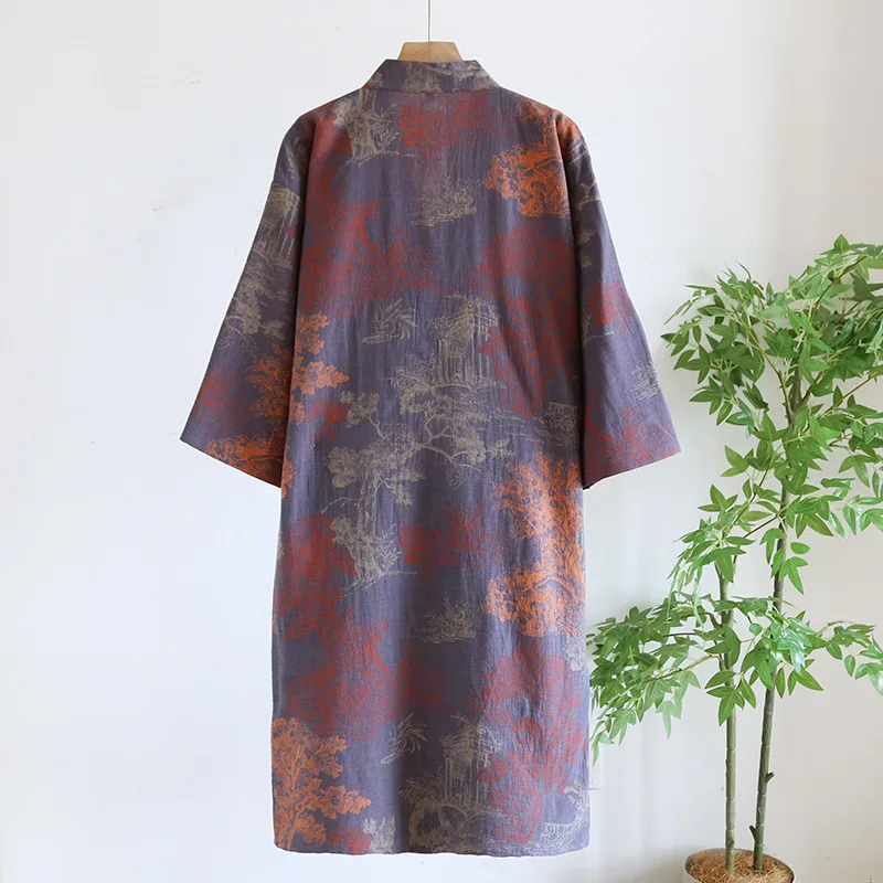 Red Yellow Printed Robe for Men Cotton Kimono Men Top Quality  Bathrobe for Spring Autumn 100% Cotton Long Style Men Kimono Robe