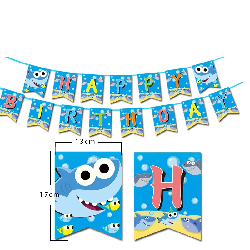 Cute Ocean Shark Theme Swirl Hanging Birthday Banner Cake Topper Balloon for Kids Under The Sea Birthday Baby Shower Party Decor