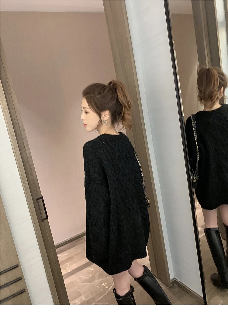 Korean Style Autumn Winter Women's Outfit Solid Color Long Loose O-Neck Twist Sweaters Sweet Female Loose Sweaters Knitted Coats