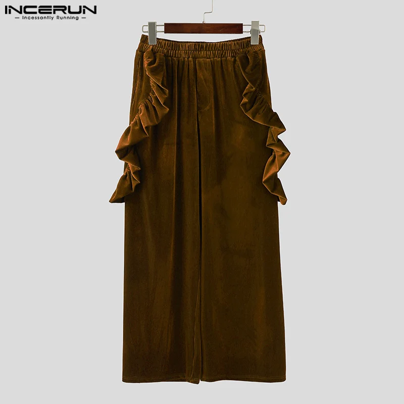 INCERUN 남성 바지 솔리드 컬러 신축성 있는 허리 조거 팬츠 러플 벨루어 바지 남성 스트리트웨어 루즈 2025 패션 캐주얼 롱 팬츠