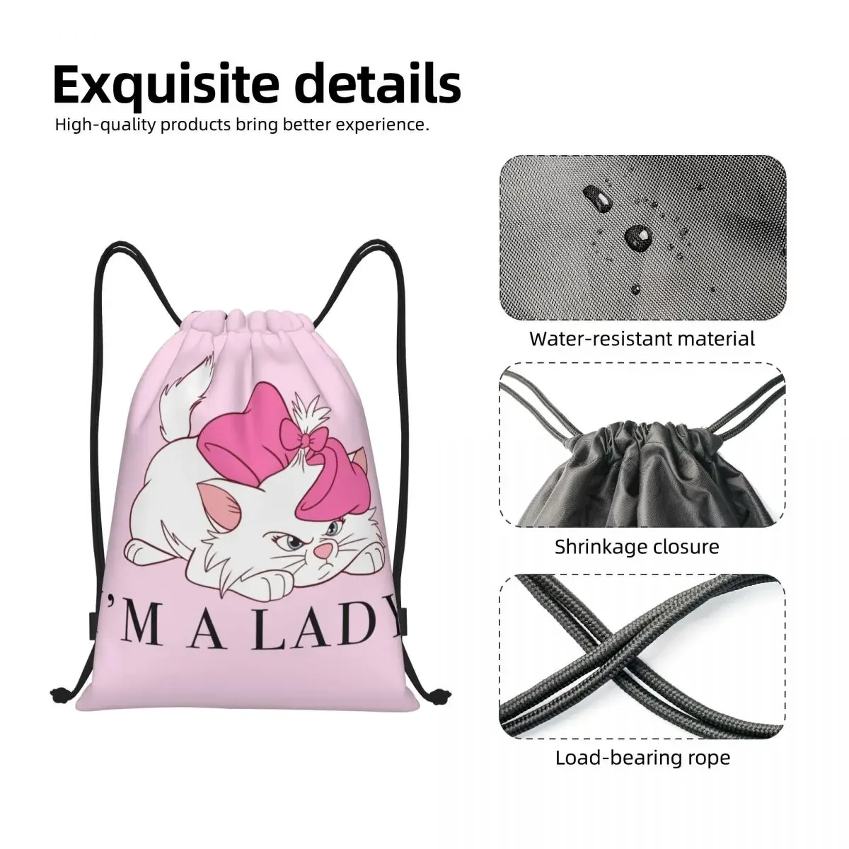 مخصص لطيف الطفل الأبيض غاضب كيتي مع الأقواس الوردي الرباط أكياس الرجال خفيفة الوزن مضحك ماري القط الرياضة الصالة الرياضية تخزين الظهر