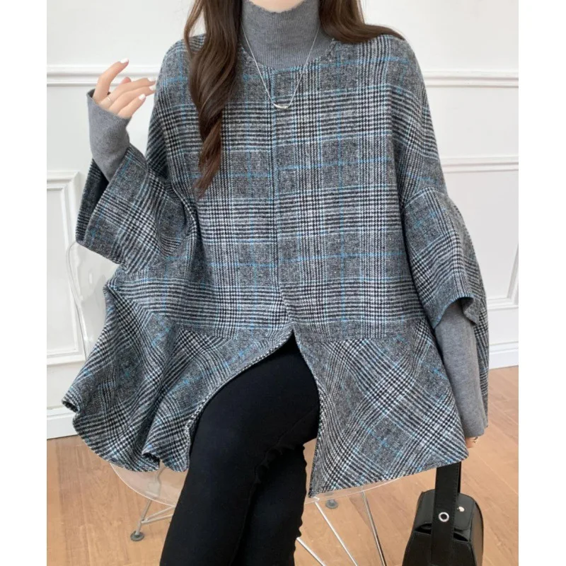 Mantel ponco rajut wanita, Luaran leher O kotak-kotak, gaya Korea musim gugur dan dingin