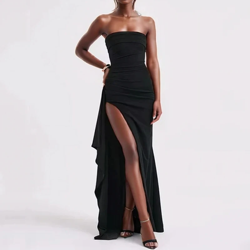 Summer Strapless High Slit Black Long Dress Elegant Slash Neck Sexy Party Evening Dress Casual Sleeveless Backless Vestidos