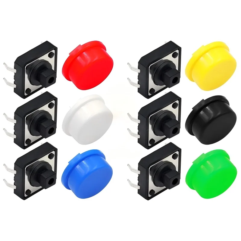 10pcs Tactile switch 12X12X7.3H, domestic button + color button cap, 4-pin straight insertion switch, tactile button