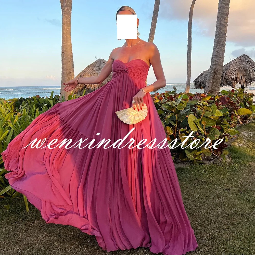 Simple Straight Pink Floor Length Evening Dress Formal Strapless Sleeveless Pleats Saudi Arabia Vestido De Noche Women 2024