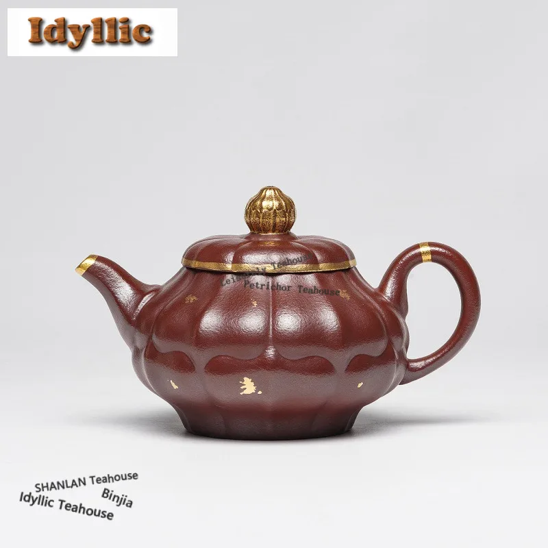 330ml Antique Yixing Purple Clay Teapots Handmade Gold Drawing Prismatic Pot Raw Ore Mud Kettle Zisha Tea Set Accessories Gifts