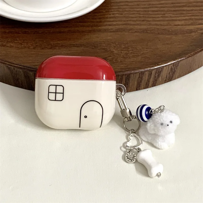 von Korea ins Kreatives rotes kleines Haus mit Anhänger-Kopfhörer-Abdeckungs-Fall für AirPods 1 oder 2, 3, 4 Pro 2, Bluetooth-Headset-Hülle