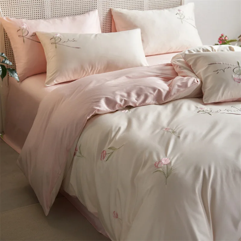 

High-End 100S Long Staple Cotton Embroidery Bedding Sets Luxury Ultra Soft Solid Duvet Cover Set Double King Size Bedclothes