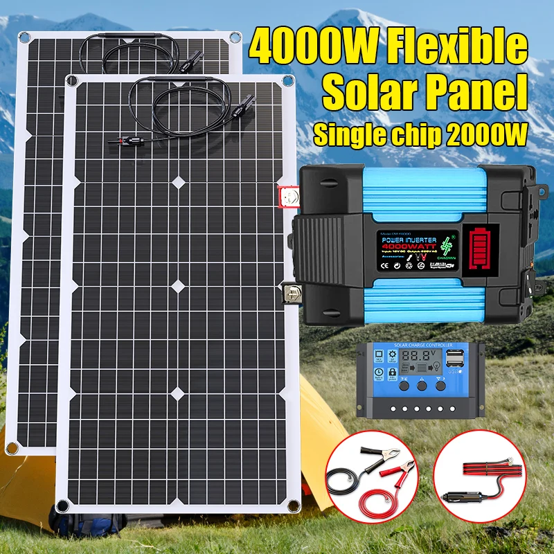 2000W 110V 220V Flexible Solar Panel System 12V Battery Charger Controller 4000W Inverter Kit Complete for Home Outdoor Capming