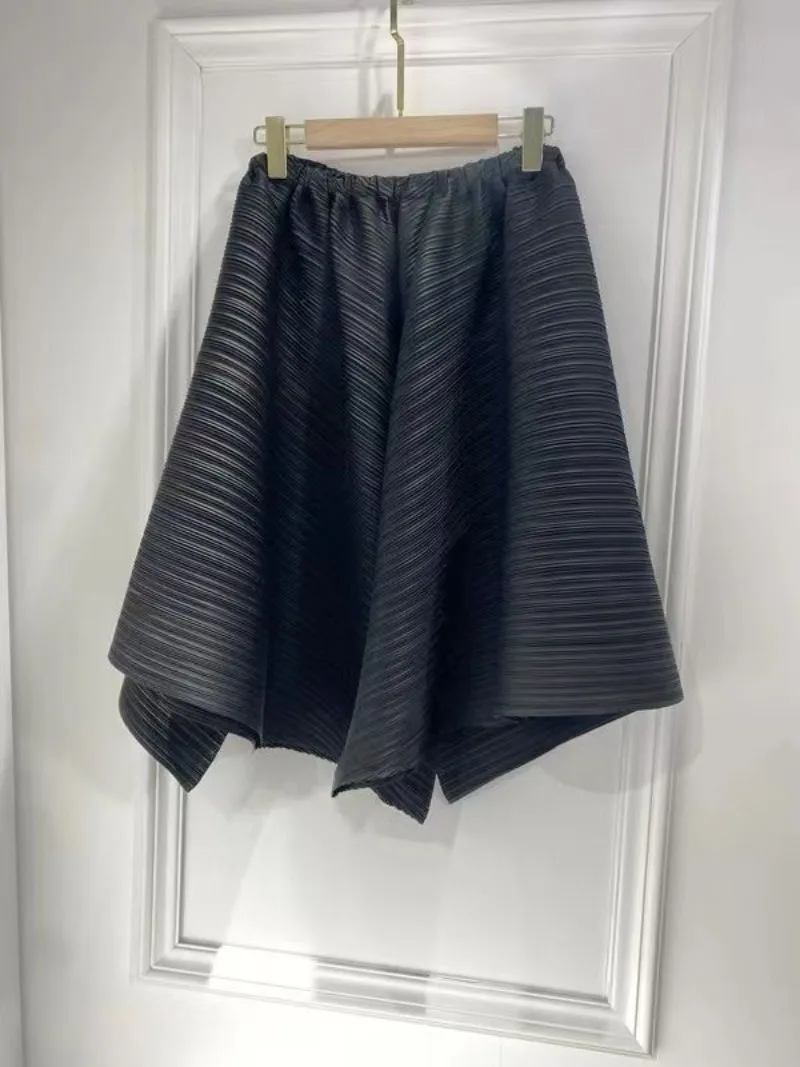 2026 New Summer Miyake Style Pleated Culottes Irregular Skirts Women Elastic High Waisted Korean Loose Wide-leg Pants