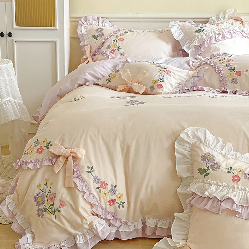 100% Cotton Korean Princess White Bedding Sets Ruffle Bedspread Flower Embroidery Duvet Cover Bed Skirt Pillowcases Home Textile