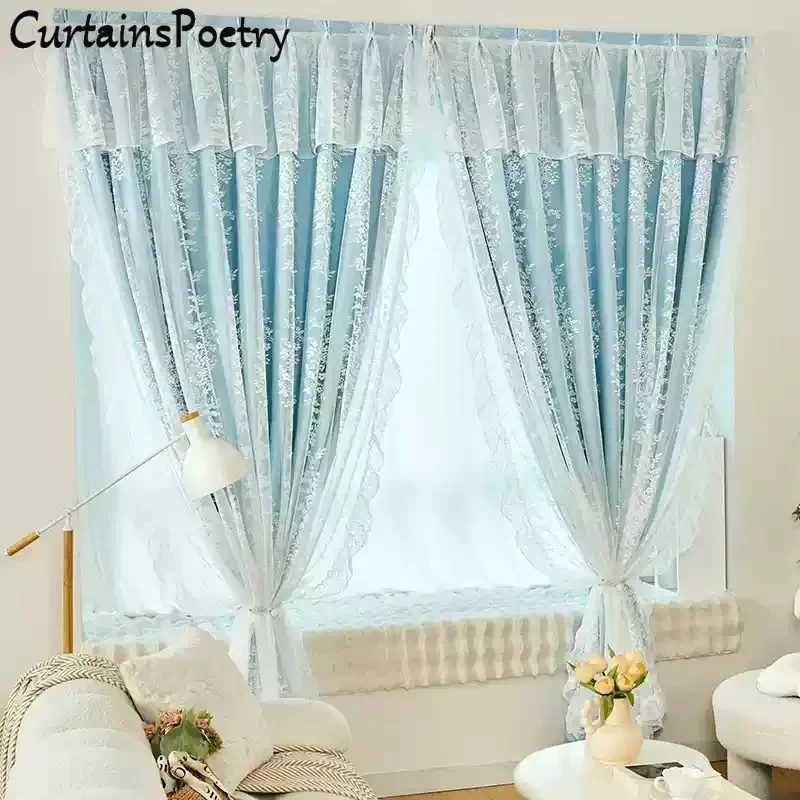 

100% Blackout Curtains Punch Free Double Layers with Lace Self-Adhesive and Room Darkening Window Drapes for Bedroom Living Room