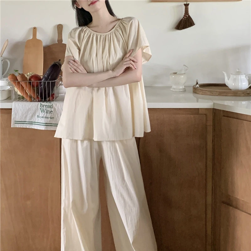 Solid Soft Spring Pajamas Set Short Sleeve Shirts + Trousers Cotton Casual Sleepwear Thin Elegant Home Suit Pleated Ruffles