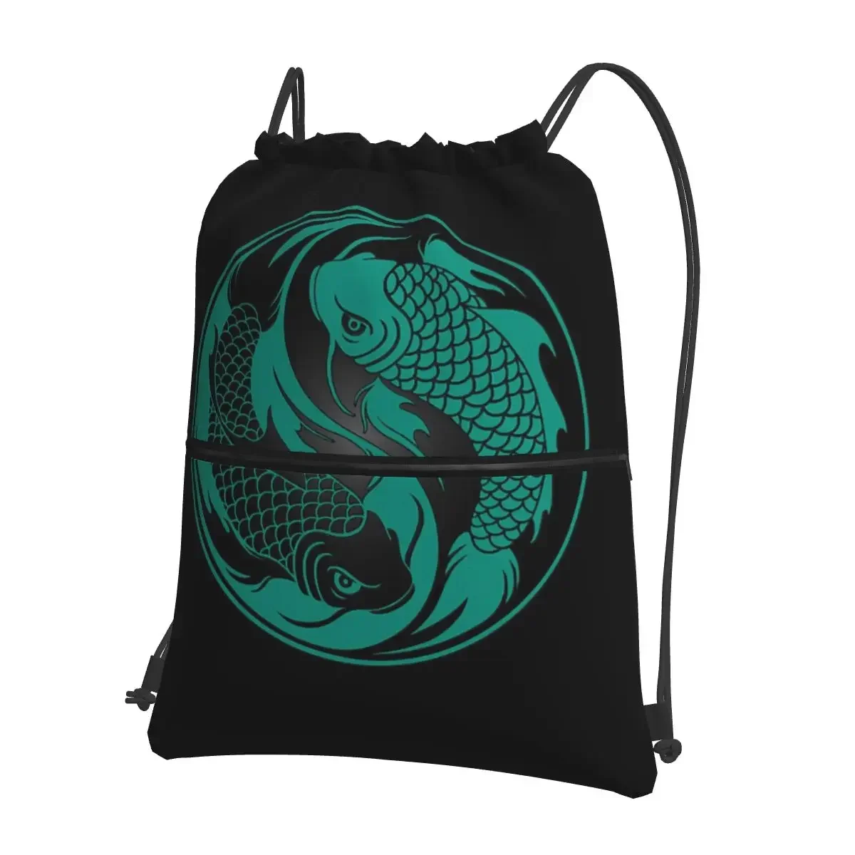 Teal Blue And Black Yin Yang Koi Fish Backpacks Drawstring Bag Drawstring Bundle Pocket Shoes Bags For Travel Sport Man Woman