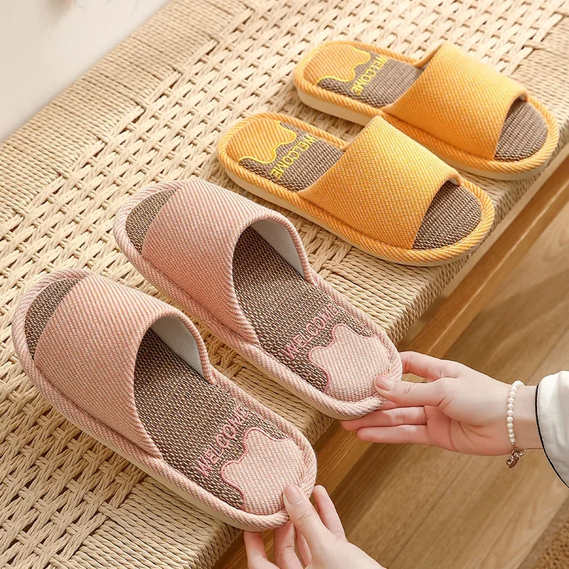 New Linen Slippers Home Breathable Women Men Slides Indoor Linen Couples Non-slip Shoes Soft Shoe Summer Comfortable Flats