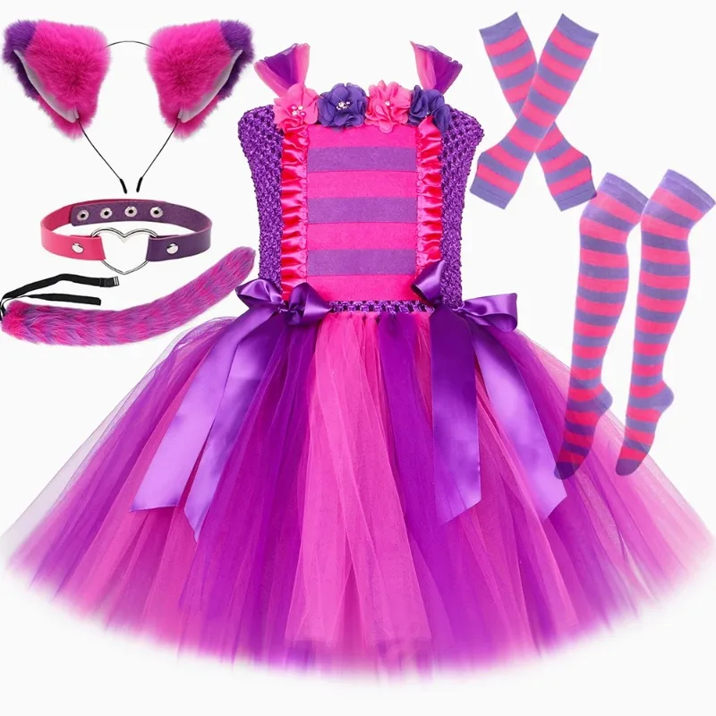 Pink and purple striped ruffled dress for girls,cute magical children's performance Clothes,wonderland-themed outfit for parties