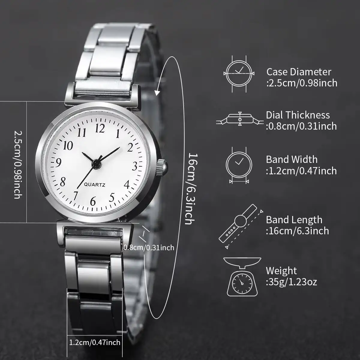 여성용 패션 아랍 다이얼 시계 실버 합금 밴드, 여성용 쿼츠 시계 체인 팔찌 세트 (상자 없음), 2PCs/세트