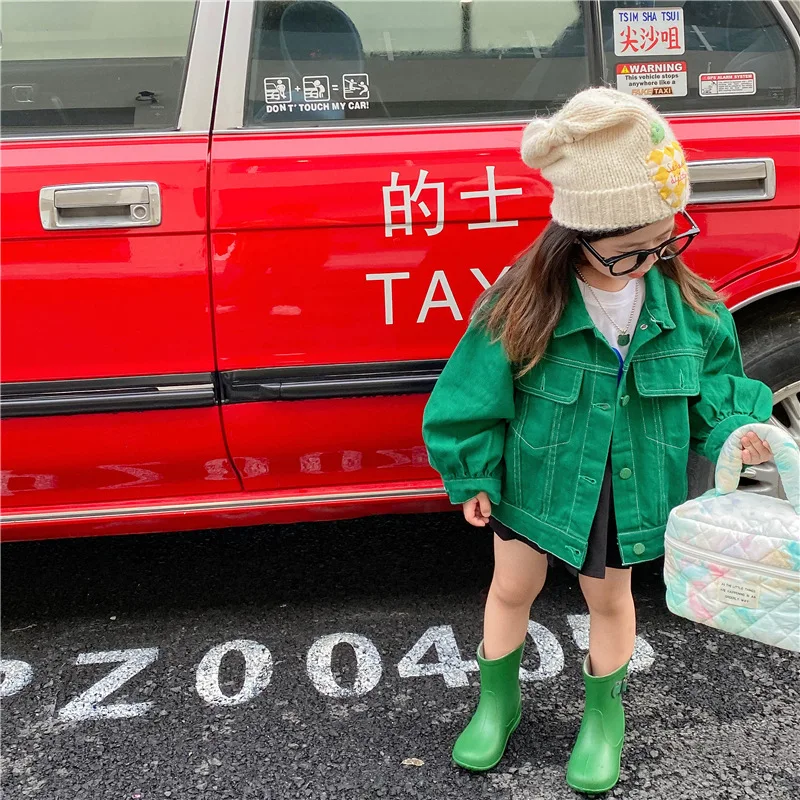 Veste en jean pour garçons et filles, style coréen, couleur melon al vert, mode décontractée, couleur unie, simple, assortie avec toutes les poches