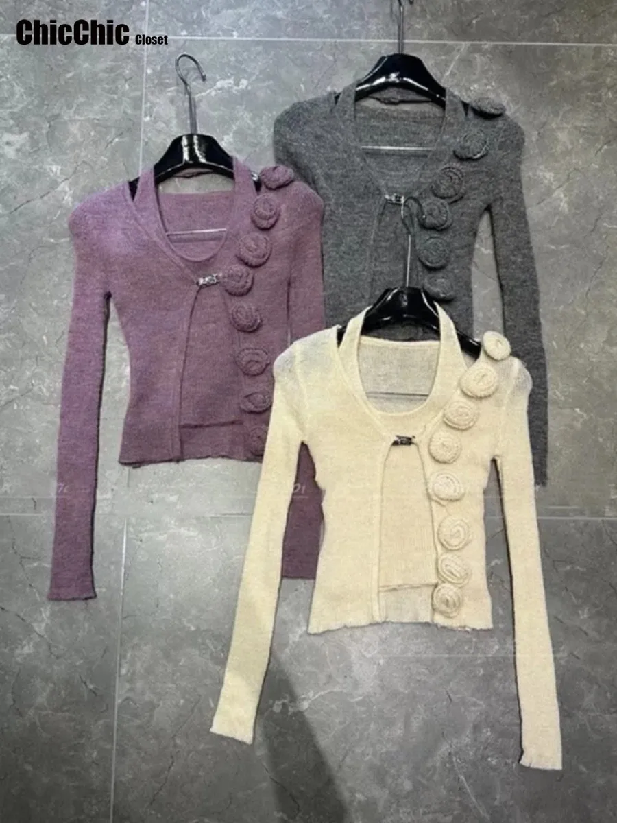 Damski kardigan z dzianiny z długim rękawem, styl koreański, czysta pokusa, seksowny wygląd, efekt wyszczuplający, dekolt z odkrytymi ramionami, nowość 2025.