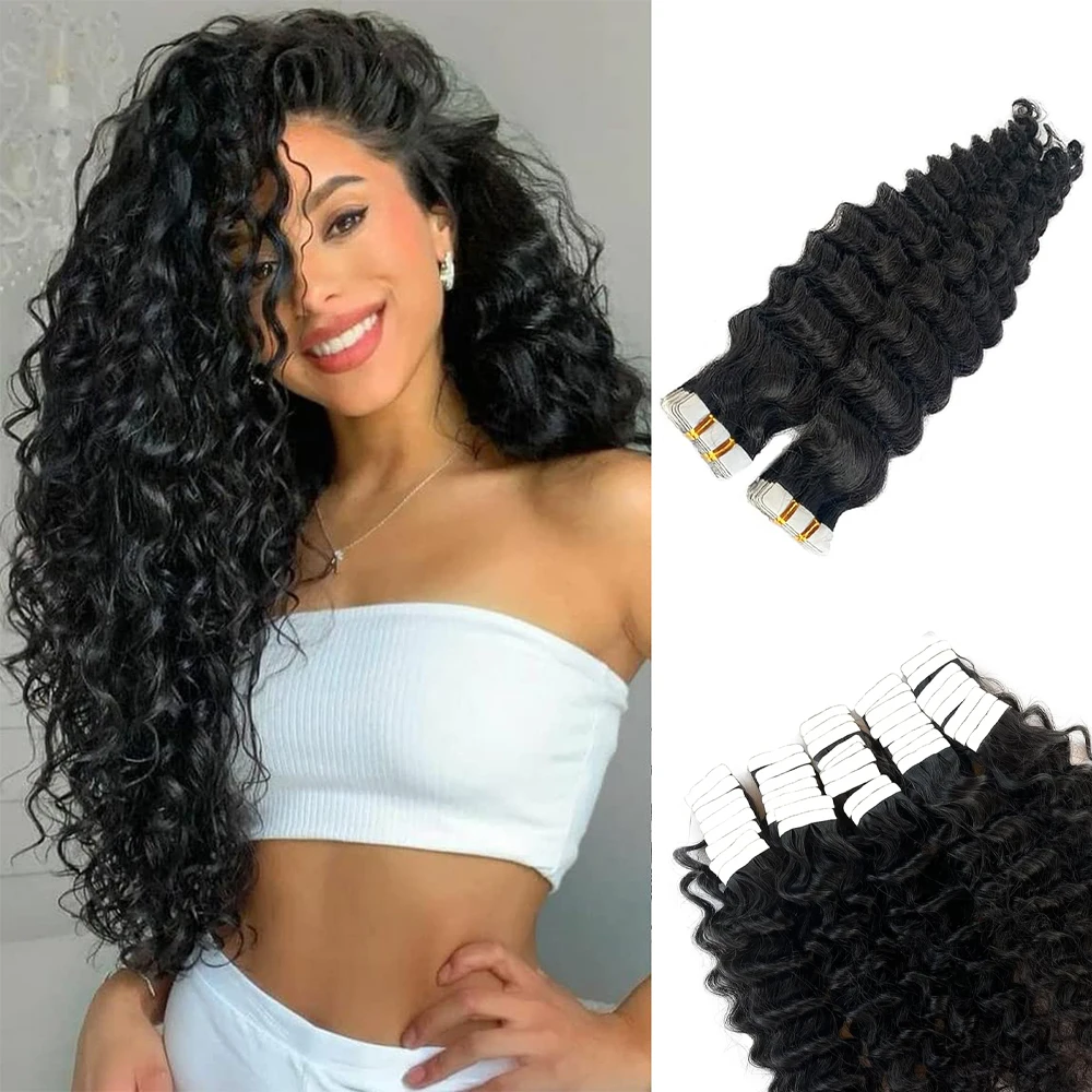 Extensiones de cabello humano con cinta de ondas de agua profunda, 100% cabello humano Real, piel rizada, adhesivo, extensiones de cinta negra