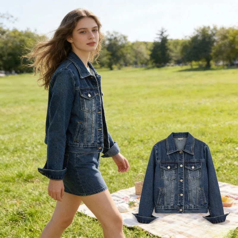 

Womens Slim Fit Short Denim Jacket Washed Casual Long Sleeve Coat for Spring Autumn Daily Fashion