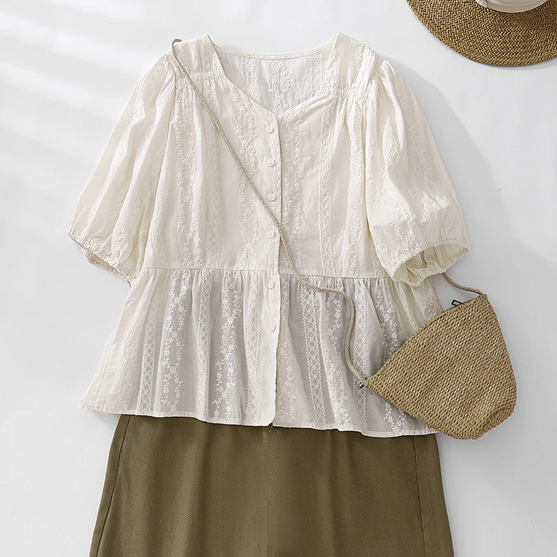 Retro geborduurde lantaarn Sve irt dames zomer Faion leeftijd-Defng pop irt V-Ne top trendy katoenmix materiaal