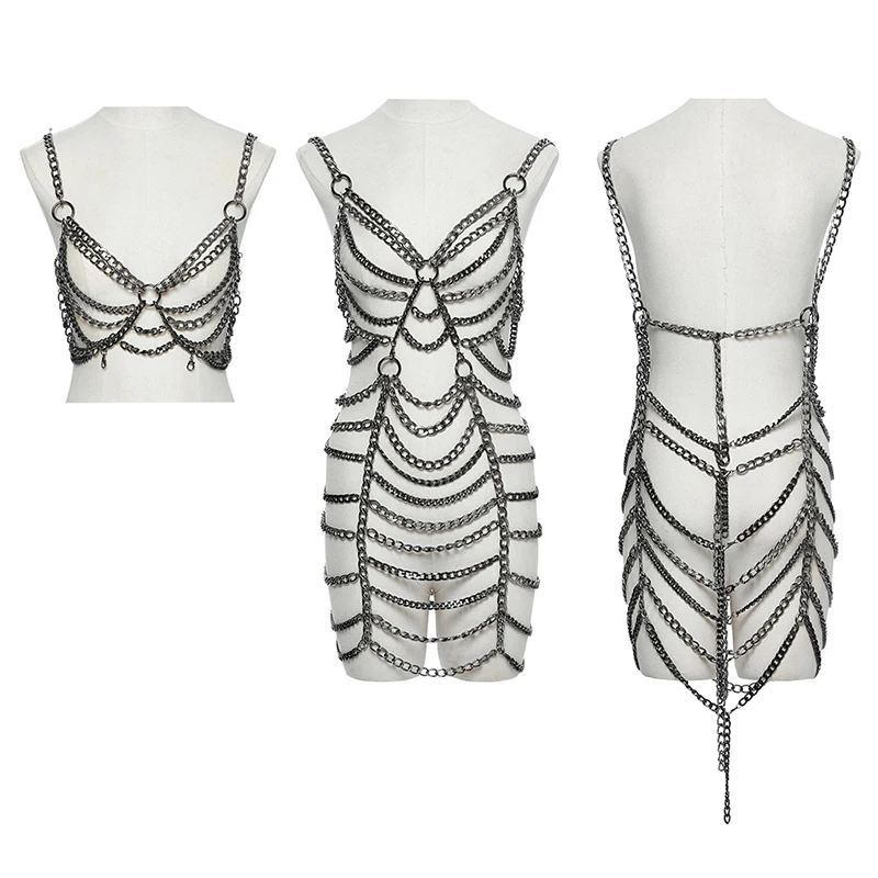 

PUNK RAVE Women Punk Black Aluminum Chain Halter Bodycon Mini Dress Cover Up Multi Layer Metal Chain Goth Outfit WQ877