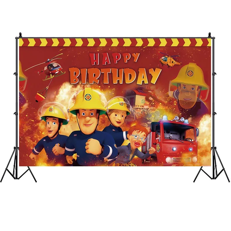 Fireman Sam Backdrop Birthday Party Decorations Banner for Kids Boy Fire Truck Firefighter Sammy Movie Cartoon Figure Background