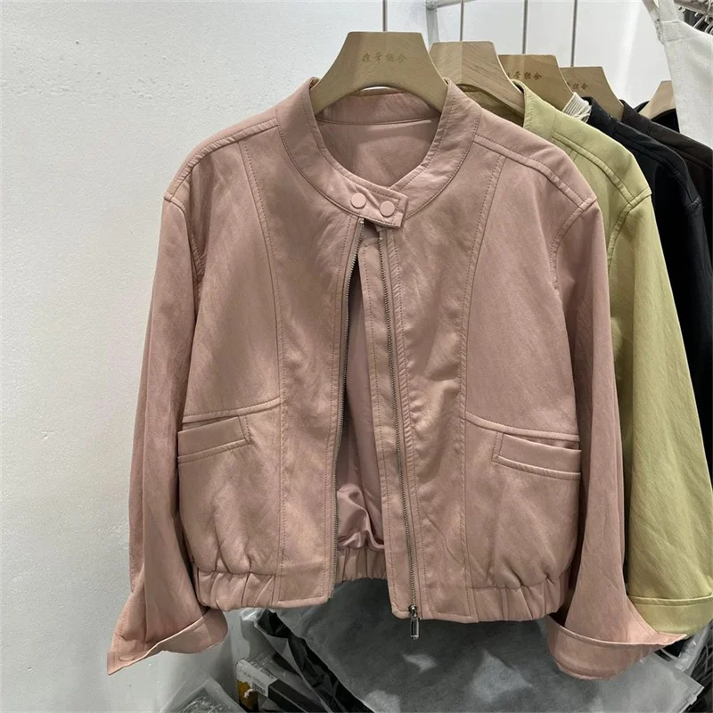 レザージャケット レザー レディース 春服 スタンドカラー ルーズ カジュアル ブラック バイク ウォッシュドPUレザージャケット コート トレンド