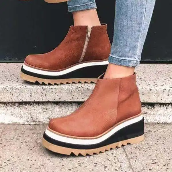 Large Size 43 Wedge Heel Ankle Boots Women\'s 2021 Autumn and Winter New Flat Side Zipper Leather Boots Women Botas De Mujer