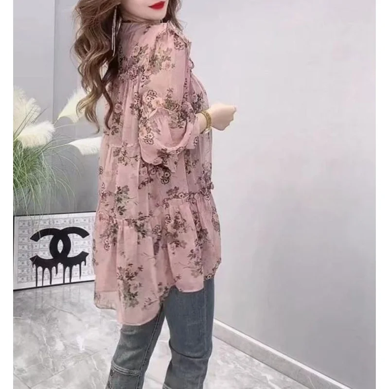 2024 New Spring and Summer Sweetheart Round Neck with Ruffle Edge Fashion Trendy Loose and Versatile Floral Long Sleeved Shirt