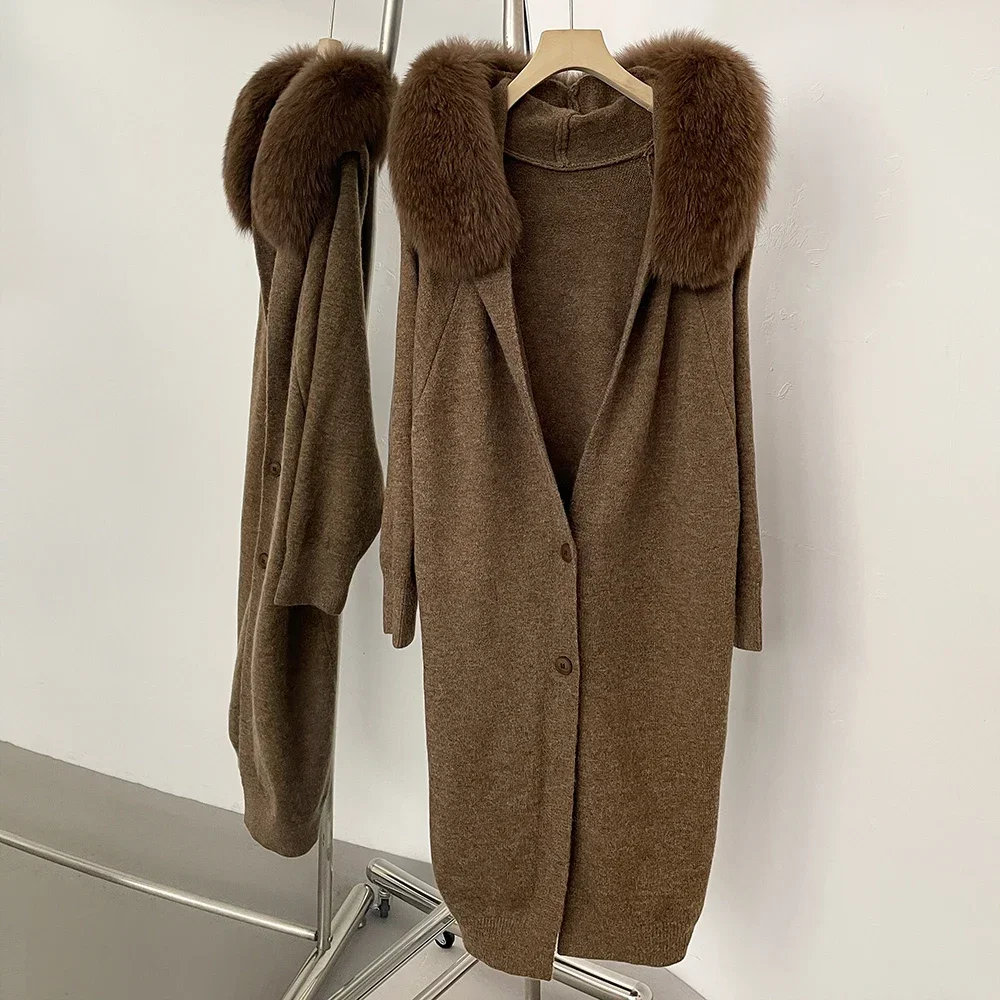 Reality Fur Collar Women Autumn Cardigan Cropped Sweater Cardigan Hooded Spring Hot Sale Knitwear Real Fur Sweater Ladies