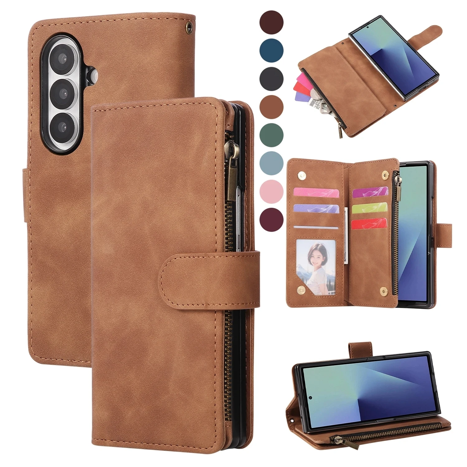 Magnetische Leder-Handyhülle mit Reißverschluss für Samsung Galaxy Z Fold 8 Ultra 7 6 5 4 3 5G Fold7, Multi-Karten-Brieftasche mit Ständer und Kartenfach