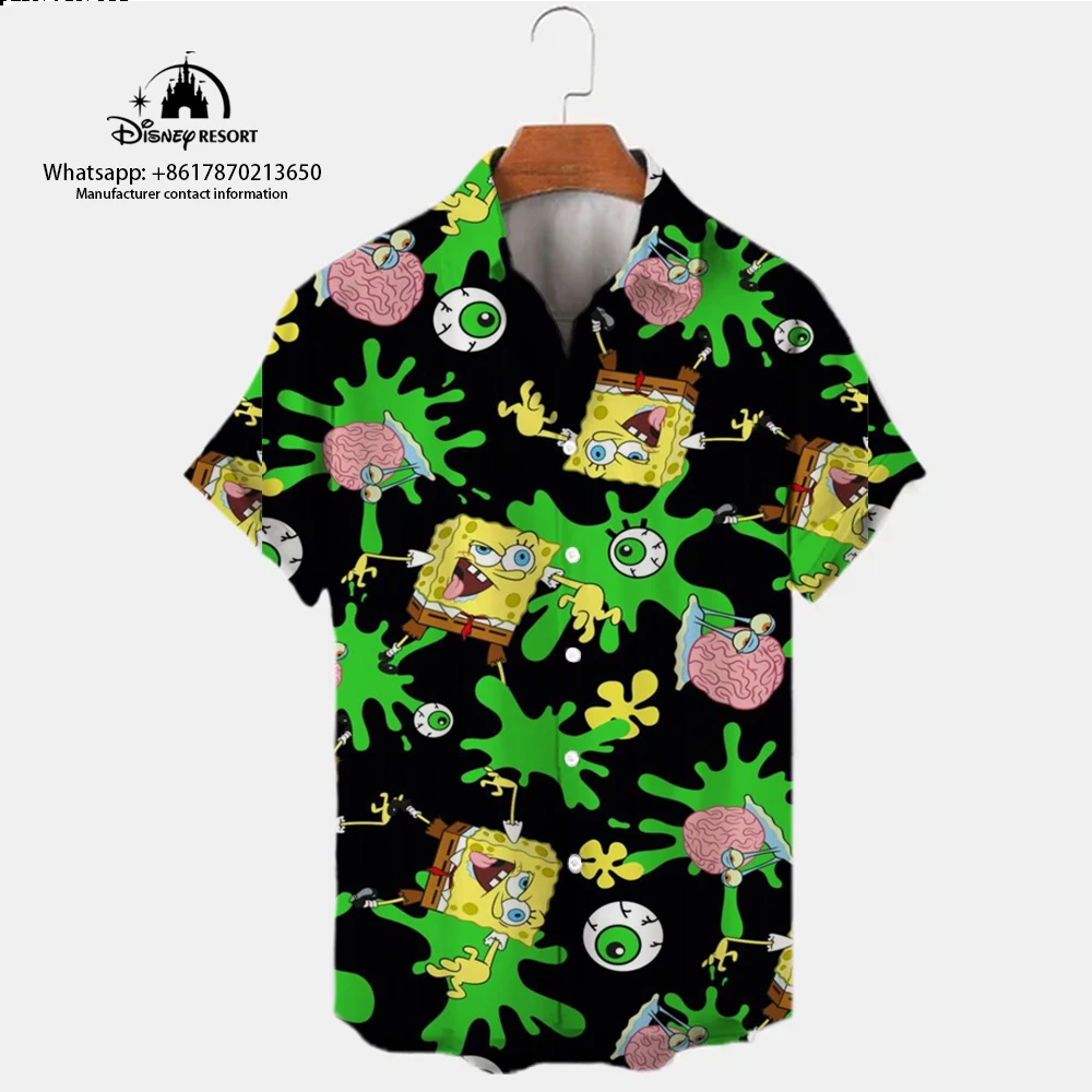 Fashion Harajuku Street SpongeBob SquarePants Anime New Summer Casual Shirt Trendy All-match Men's Lapel Short-sleeved Shirt