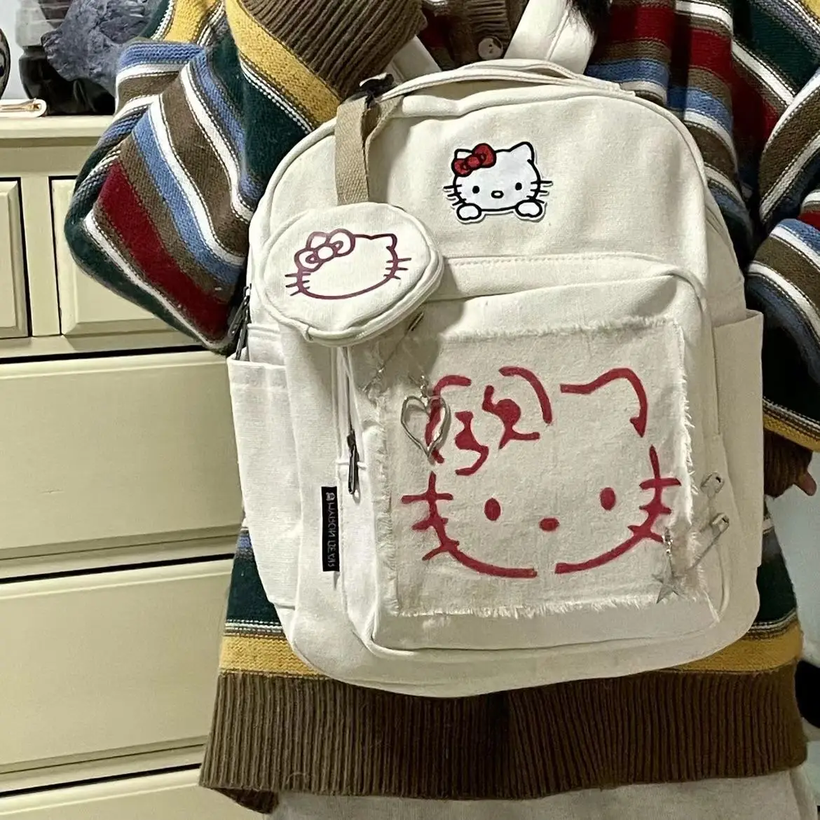 Sanrio Hello Kitty Y2k Sweet Girl Backpack Cute Sticker Casual College Style Shoulders Bag New Versatile Large Capacity Backpack