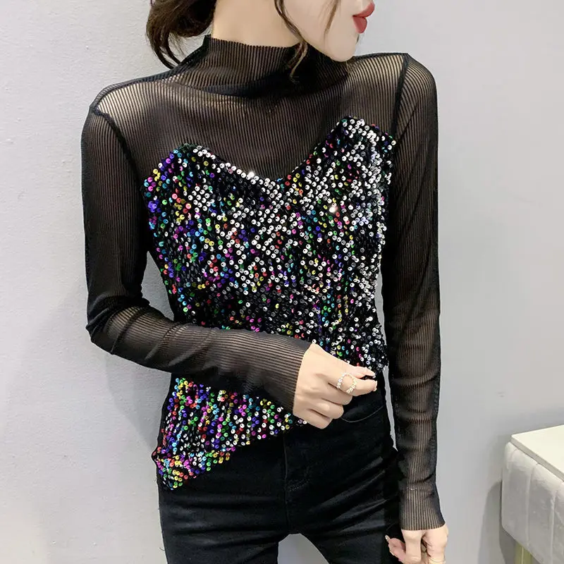 Fashion Stand Collar  Gauze Spliced Sequined Blouses Women\'s Clothing 2023 Autumn Winter Loose Elegant Tops Office Lady Shirts