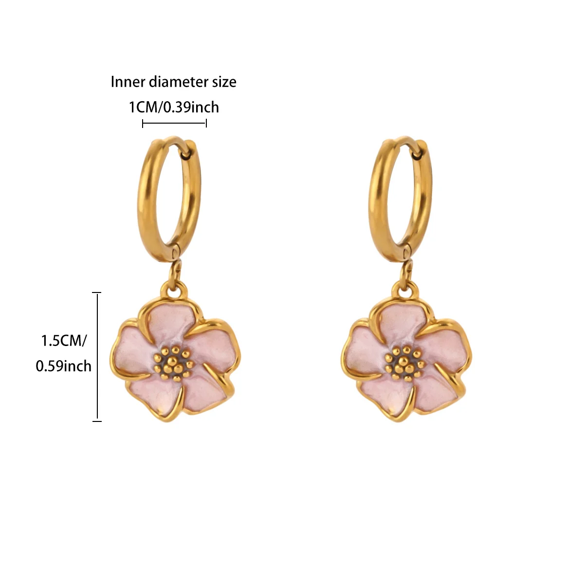Süße rosa-weiße Emaille-Blumen-Ohrringe, goldfarbener Edelstahl, Blumen-Huggie-Creolen, baumelnde Ohrringe, Damen-Party-Geschenk – Detail 1