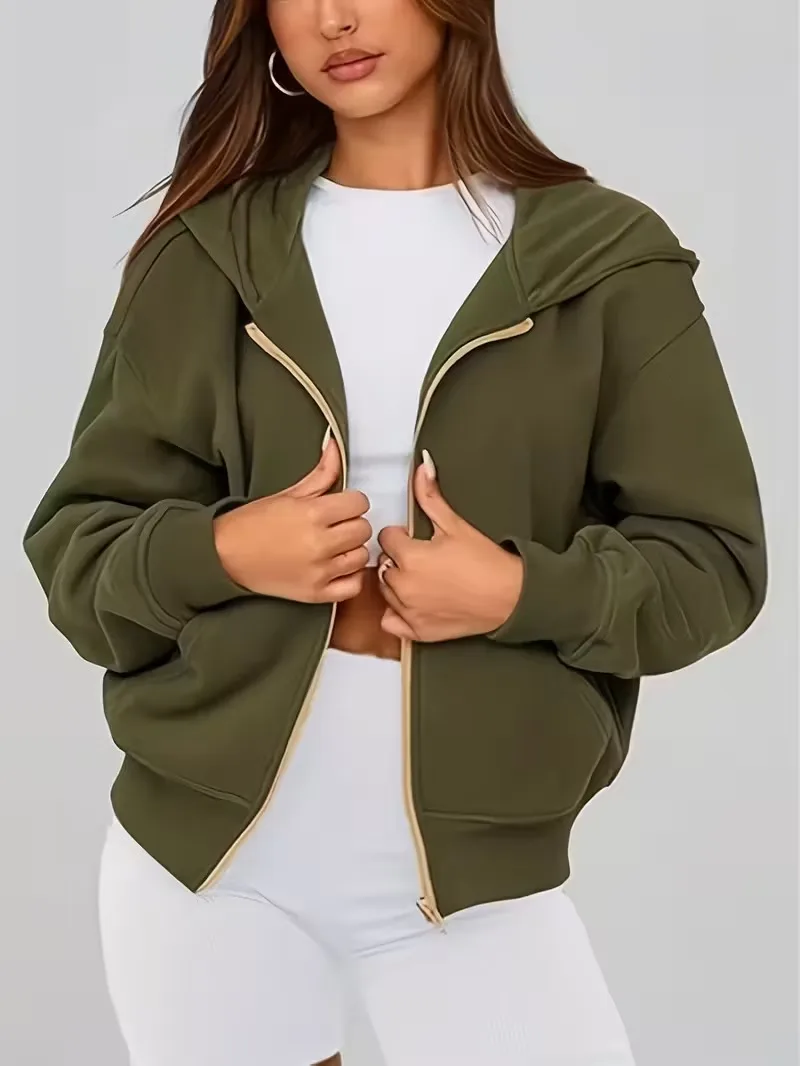 

Новая женская модная осенне-зимняя куртка с капюшоном - толстовка на молнии, повседневная толстовка