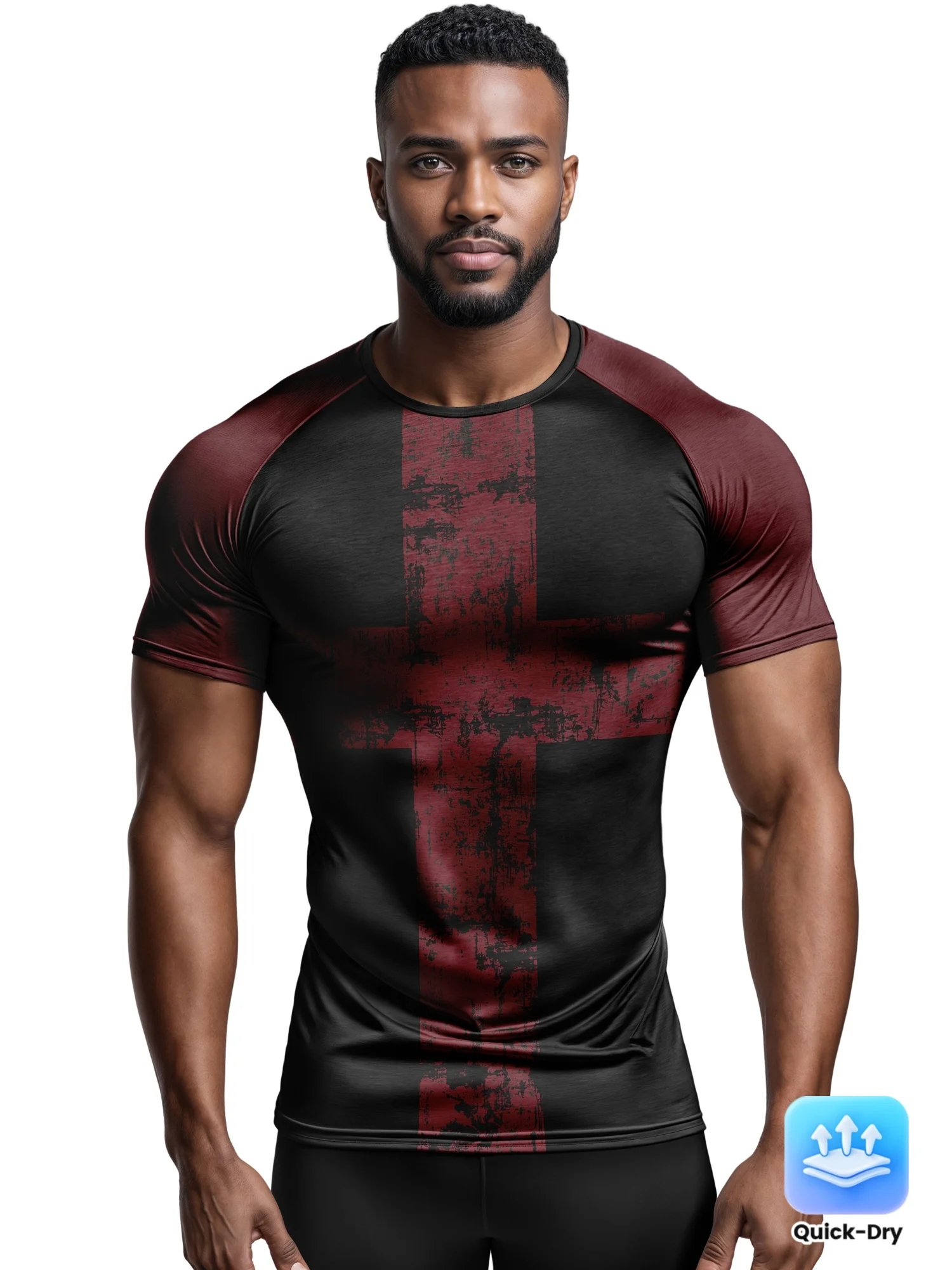 Men Sports Tee High Elastic Quick Dry Breathable Red Cross Print Raglan Short Sleeve Gym Fitness Training Top