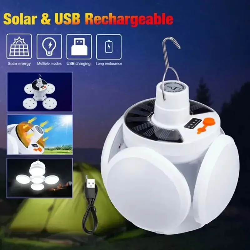 Solar LED Camping Lantern, Tent Lamp With Hook, Portable Outdoor Football Folding Light, Emergency Hurricane Camp Lamp