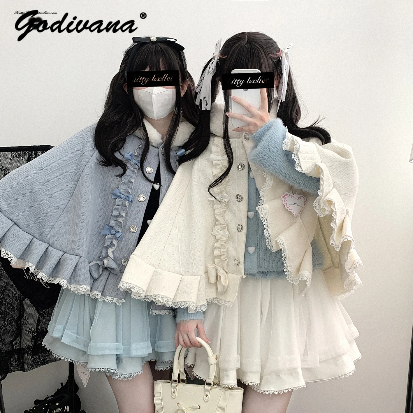 Kawaii Girls Rhinestone Buckle Fleece Cape Poncho Coat New Autumn and Winter Japanese Cute Bow Hooded Velvet Loose Cloak Coat