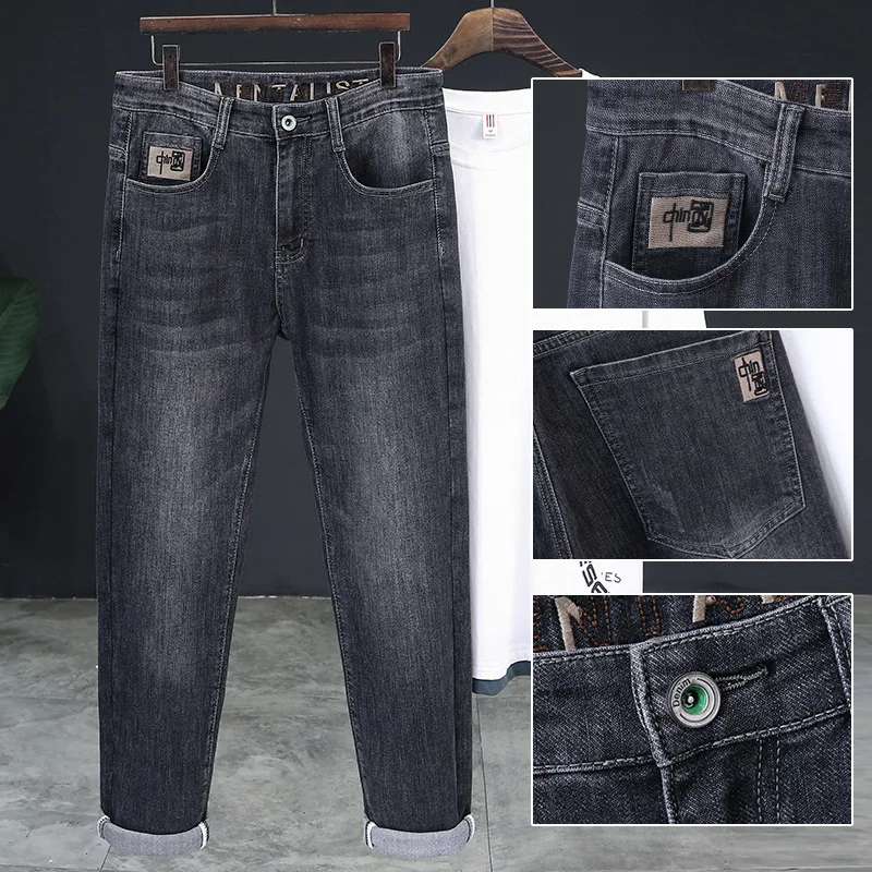 Celana Jeans Musim Semi dan Gugur, Celana Jeans Pria Bordir Elastis Slim Fit, Celana Jeans Dewasa Pria Elegan Nyaman Longgar Kelas Atas
