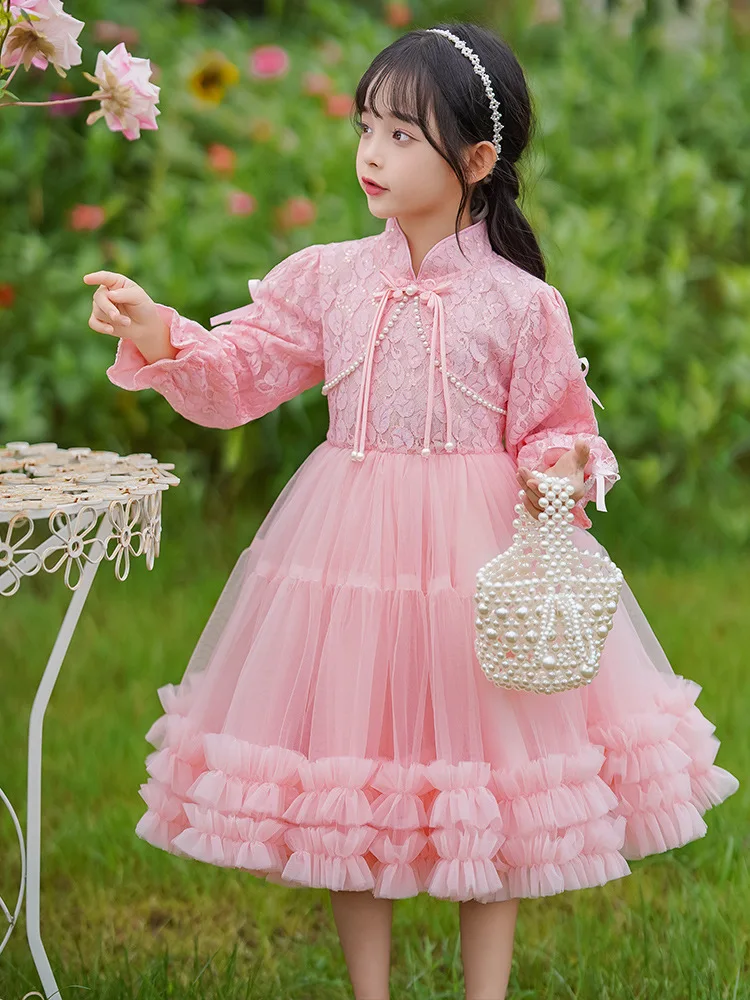 Robe de demoiselle d'honneur de style chinois pour enfants, tutu en maille de dentelle princesse, robe de mariage, robe de fête de Noël, cadeau d'anniversaire pour filles, 03 robes