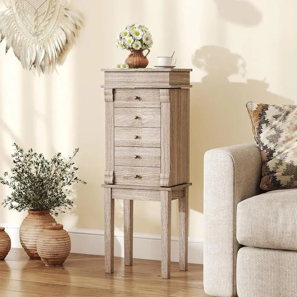 Grey Wooden Jewelry Armoire with 5 Drawers, 2 Side Doors, Top Mirror, and Divided Compartments for Women and Girls